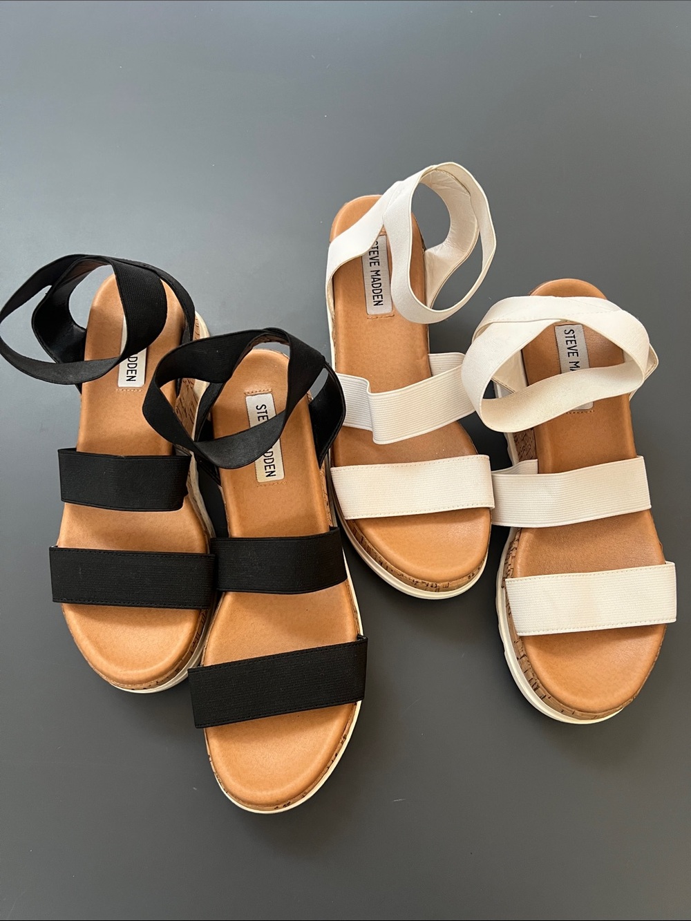 2 pairs Steve Madden Elastic Strap Bandi Cork Platform Sandals Black & White